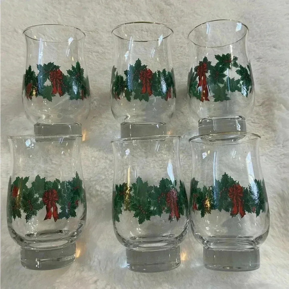 6 Vintage Libbey Christmas Holly Berry Wreath Garland Red Bow Glasses Gold Trim - Picture 1 of 15